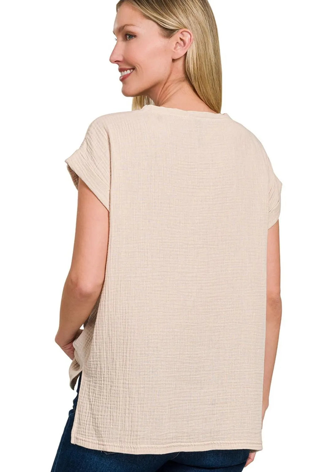 Zenana Double Gauze Round Neck Folded Short Sleeve Top
