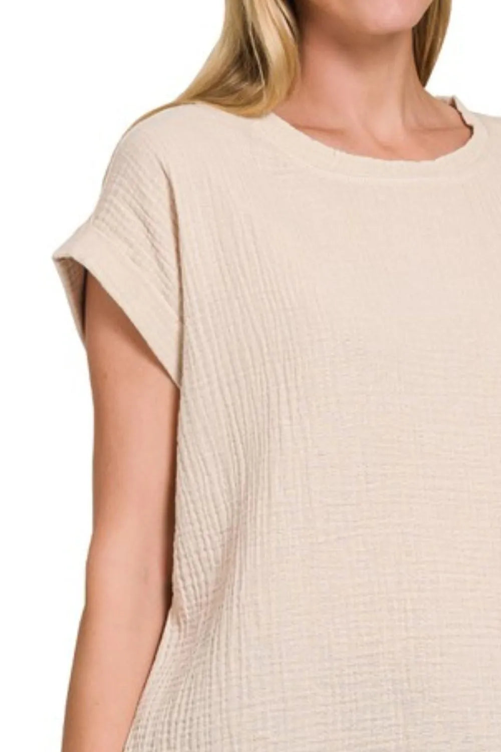 Zenana Double Gauze Round Neck Folded Short Sleeve Top