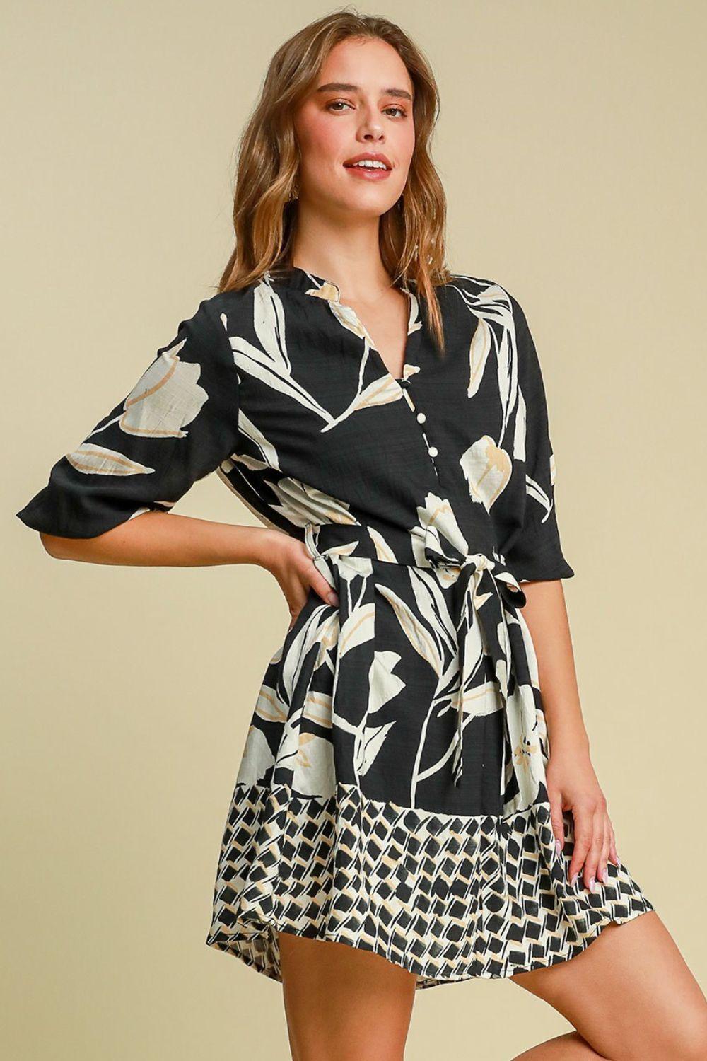 Umgee Full Size Floral Print Notched Tie Waist Mini Dress Plus Size