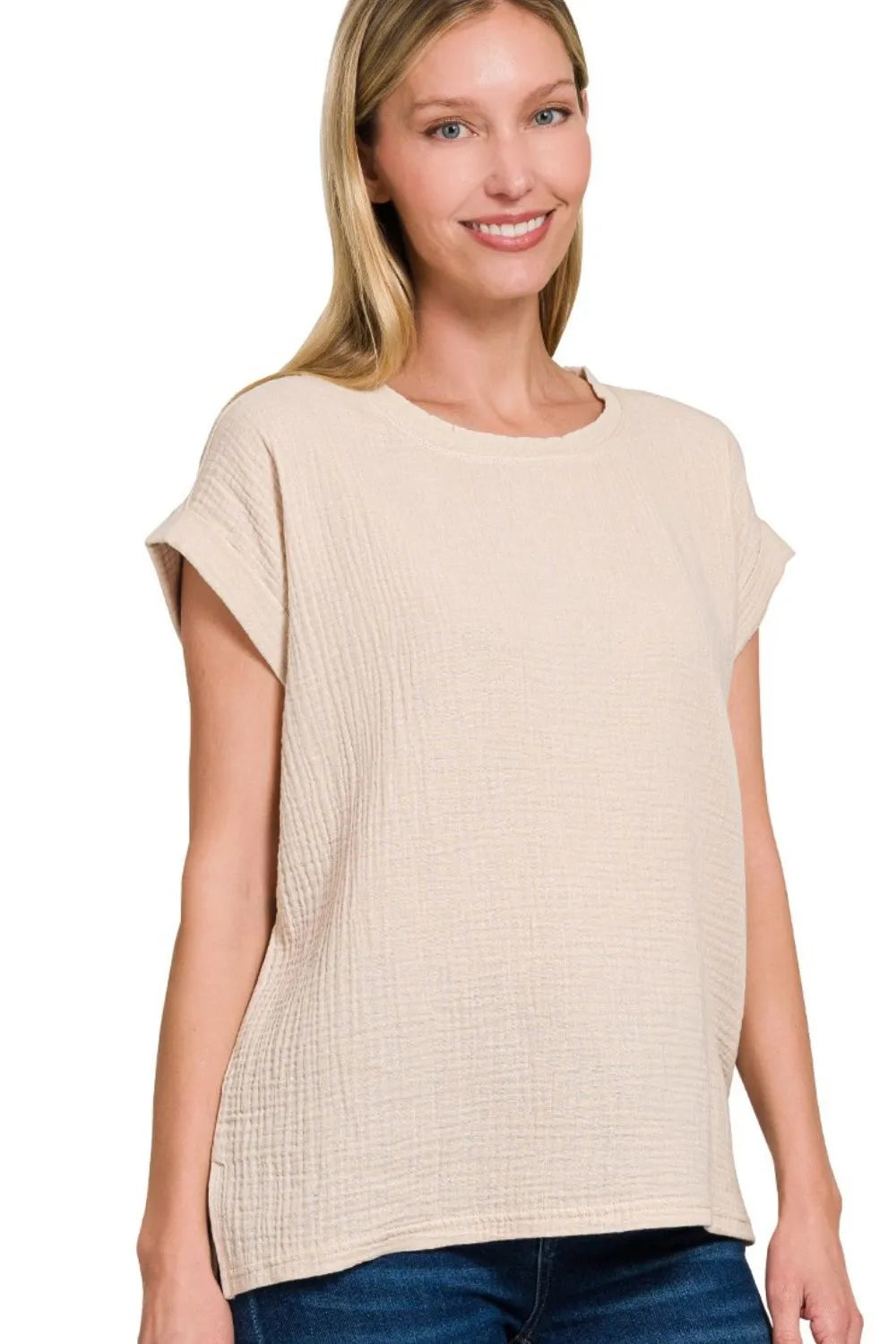 Zenana Double Gauze Round Neck Folded Short Sleeve Top