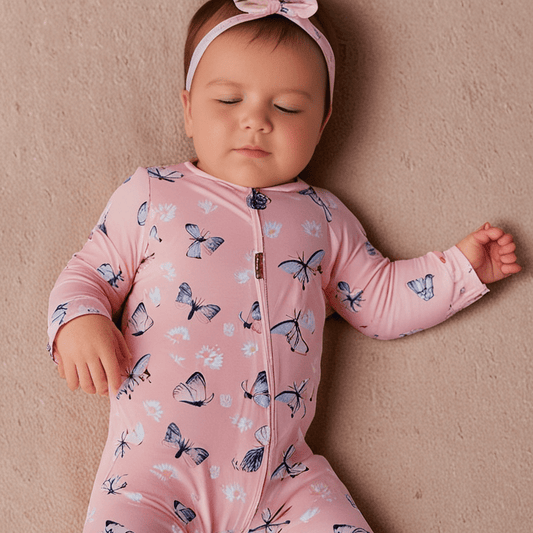 Pink Butterfly Daisy Bamboo Zipper Footie