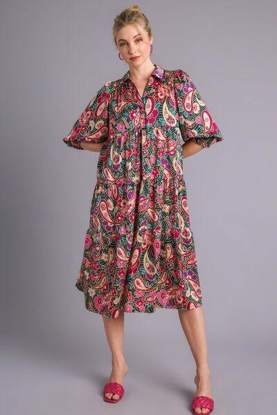 Umgee Full Size Paisley Print Satin Tiered Midi Dress Plus Size