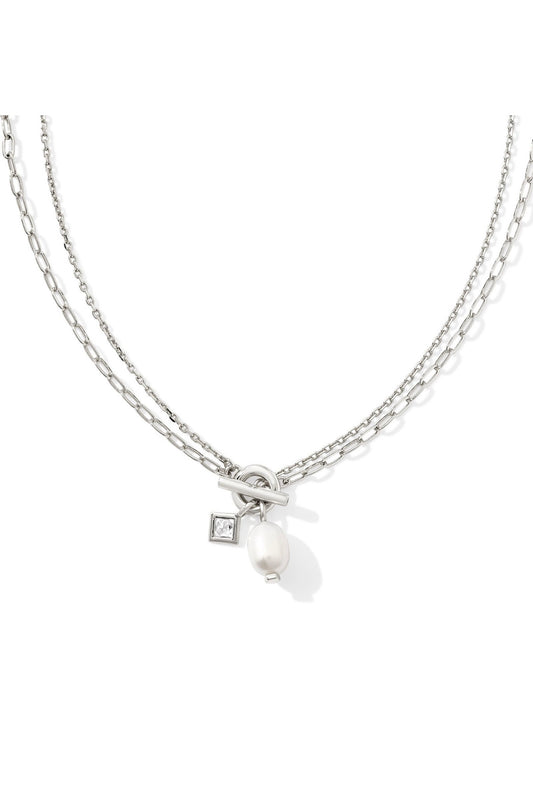 Eve Chain Multi Strand Necklace - Rhodium White Pearl