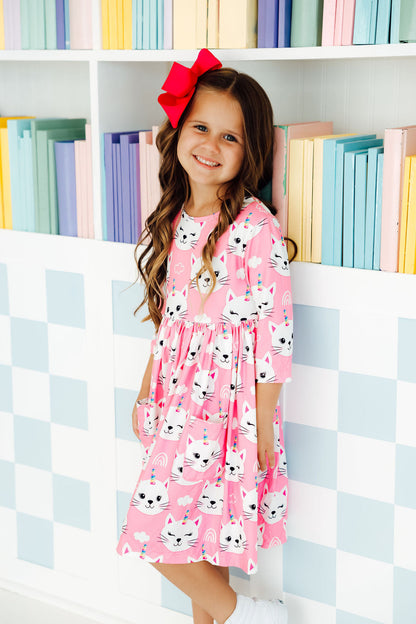 Unicorn Kitties 3/4 Sleeve Pocket Twirl Dress