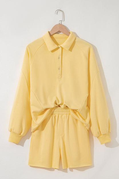 Kylie Button Collar Drop Shoulder Pullover and Shorts 2pcs Outfit