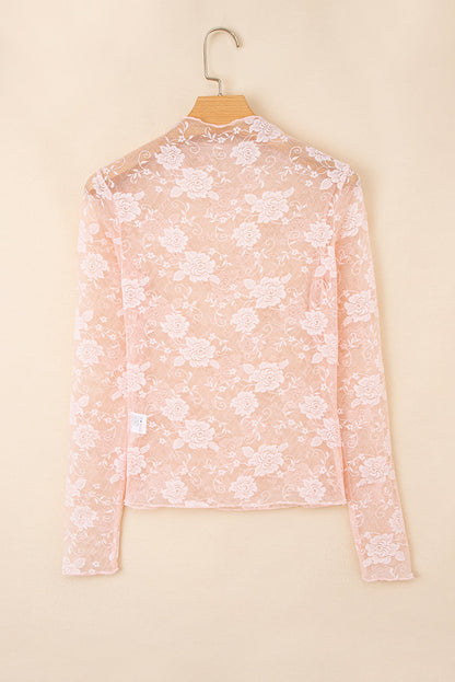 Myla Sheer Floral Lace Mesh Mock Neck Long Sleeve Top