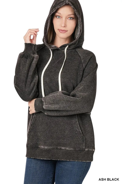 Zenana Acid Wash Fleece Hoodie with Drawstring