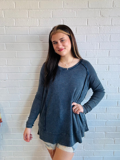 Ribbed LS VNeck Mineral Washed Top- Dark Navy