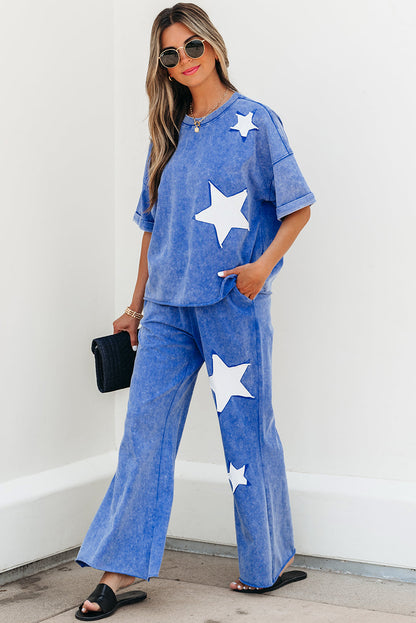 Arabella Acid Wash Star Patched Rolled Trim Pants Set