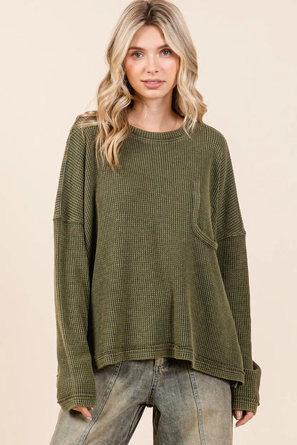 Mittoshop Mineral Wash Cutout Pocket Long Sleeve Waffle Top