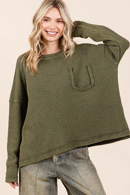 Mittoshop Mineral Wash Cutout Pocket Long Sleeve Waffle Top