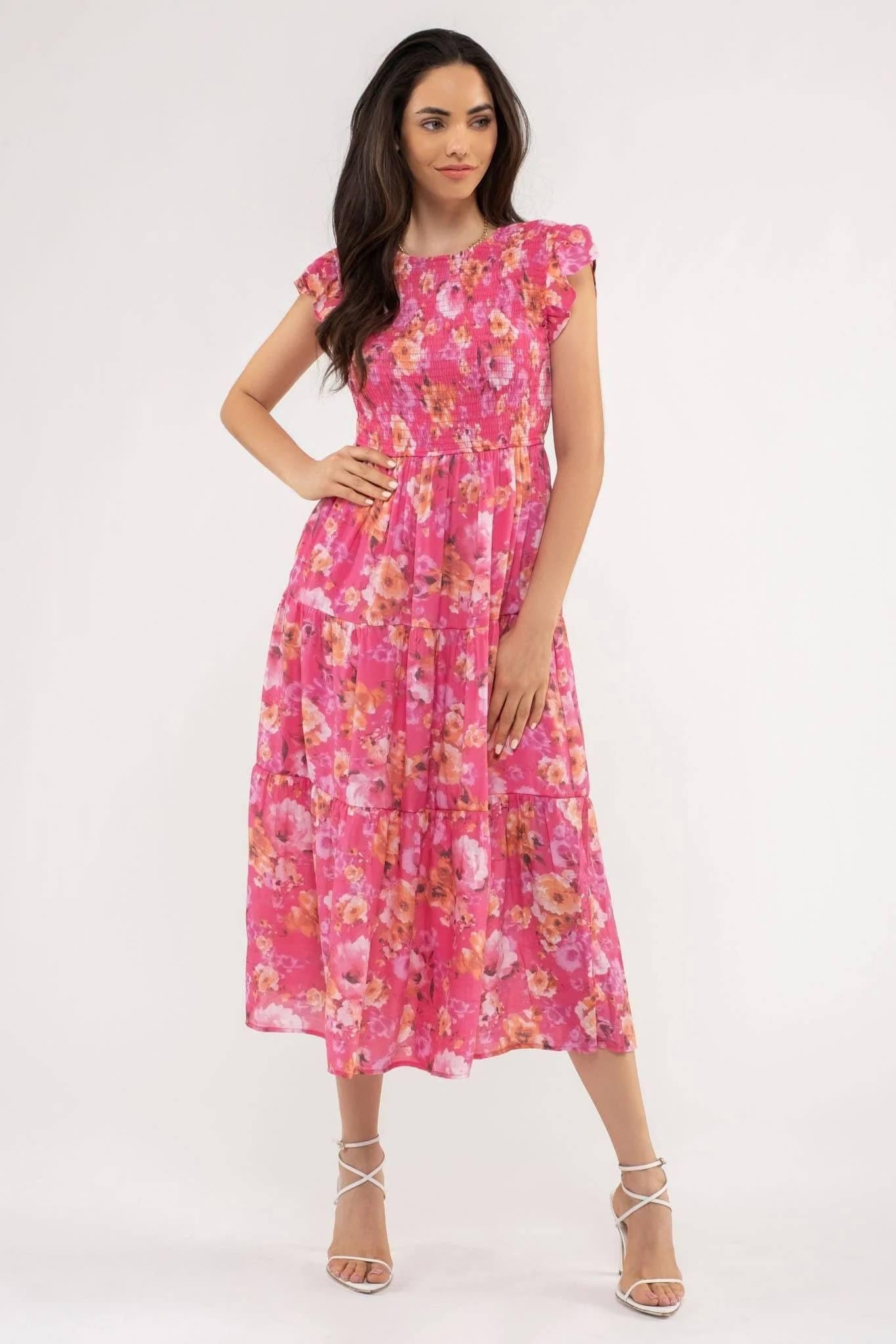 Smocked Bodice Floral Midi Dress