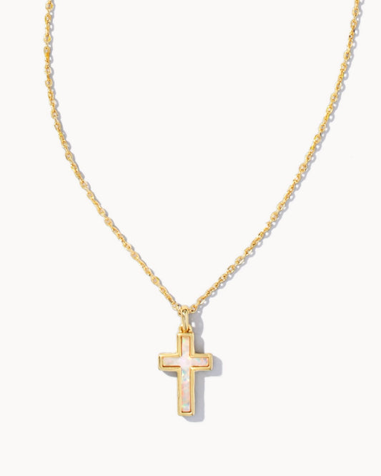 Cross Pendant Necklace Gold/White Opal