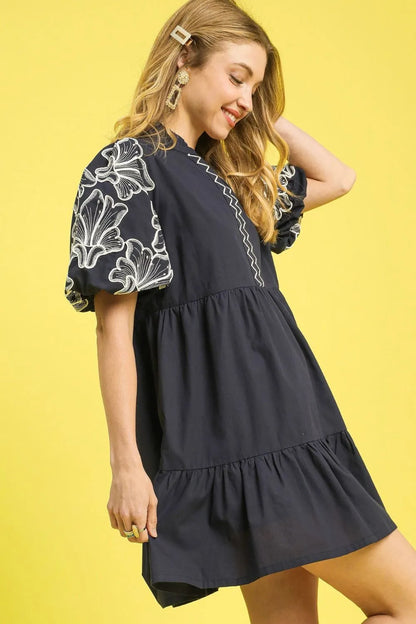 Umgee Tiered Embroidered Puff Sleeve Mini Dress