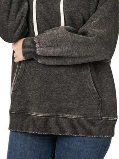 Zenana Acid Wash Fleece Hoodie with Drawstring