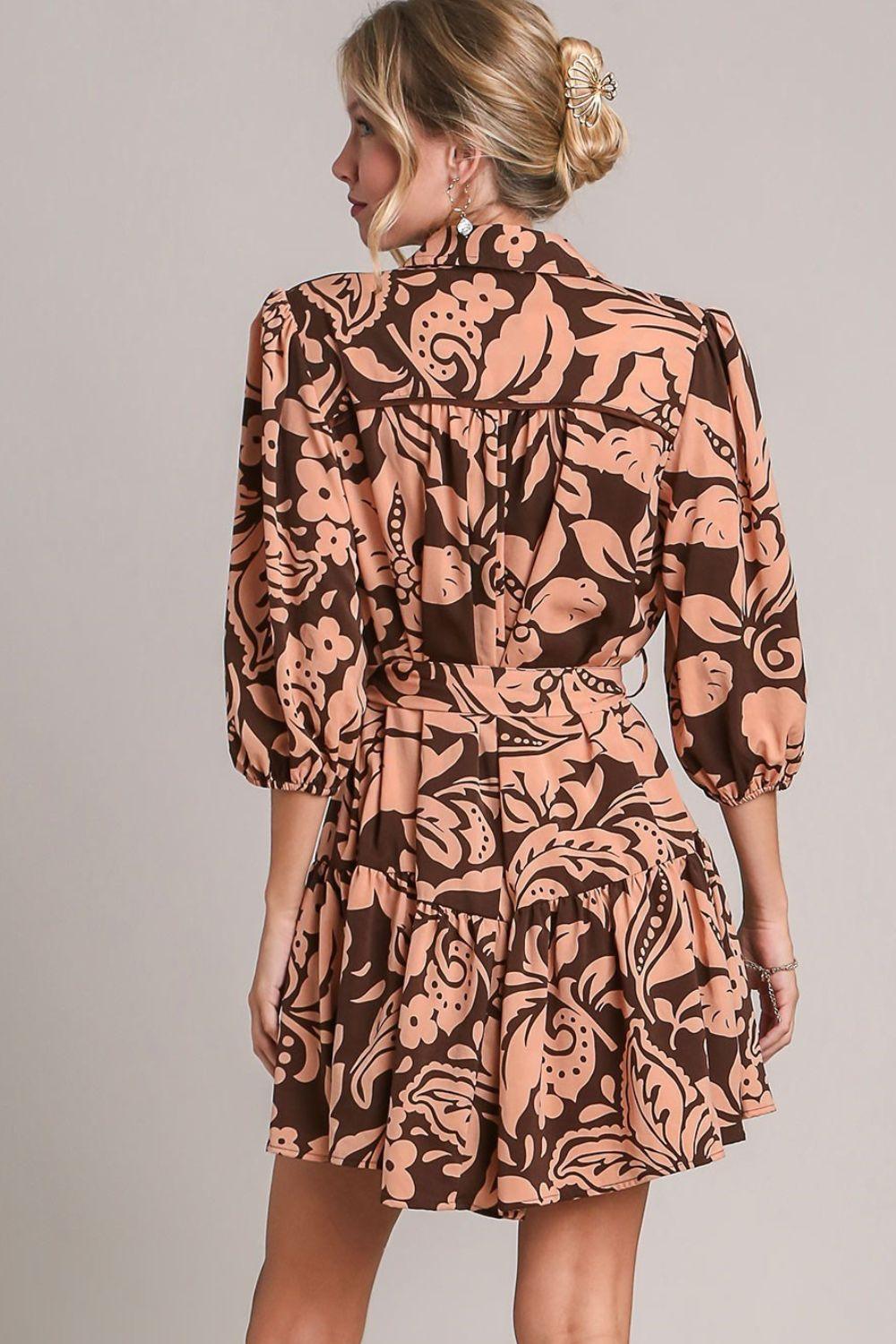 Umgee Full Size Two Tone Floral Print Puff Sleeve Tie Waist Dress Plus Size