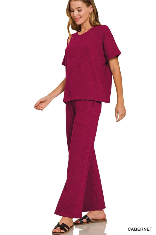 Zenana Slub Short Sleeve T-Shirt and Pants Set