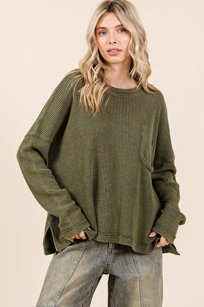 Mittoshop Mineral Wash Cutout Pocket Long Sleeve Waffle Top