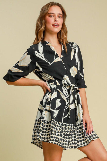 Umgee Full Size Floral Print Notched Tie Waist Mini Dress Plus Size