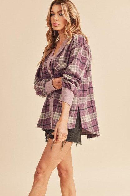 Aemi + Co Side Slit Patch Pocket Plaid Button Down Jacket