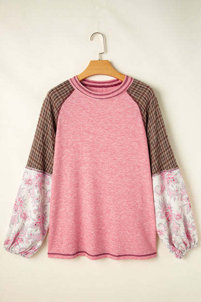 Elena Raglan Sleeve Ribbed Knit Patchwork Blouse