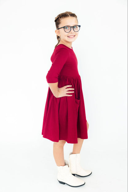 Burgundy 3/4 Sleeve Pocket Twirl Dress