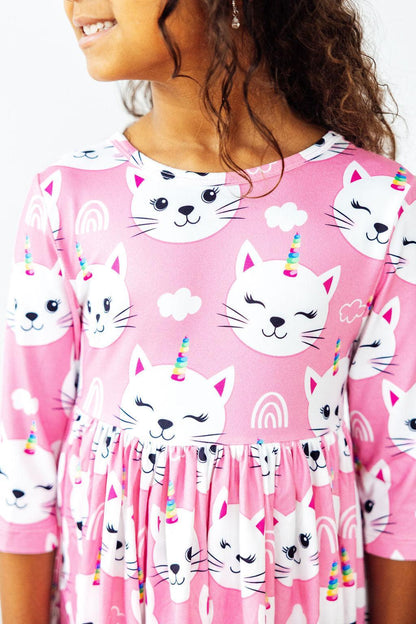 Unicorn Kitties 3/4 Sleeve Pocket Twirl Dress