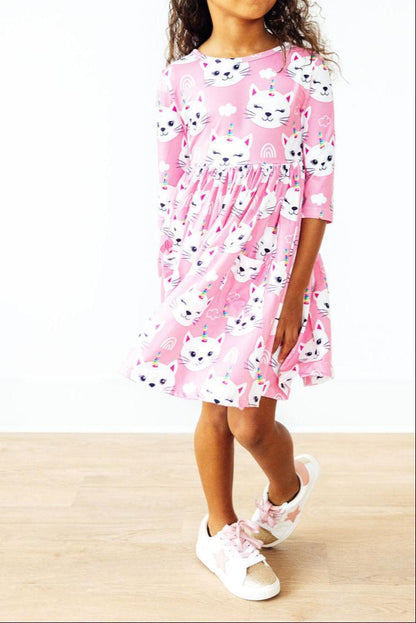 Unicorn Kitties 3/4 Sleeve Pocket Twirl Dress