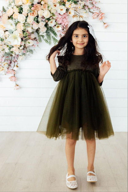Olive Shimmer 3/4 Sleeve Tutu Dress