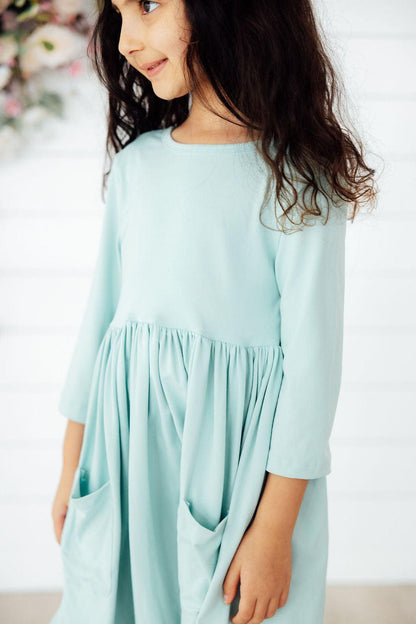 Sage 3/4 Sleeve Pocket Twirl Dress