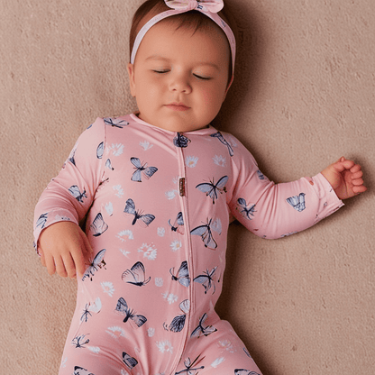Pink Butterfly Daisy Bamboo Zipper Footie