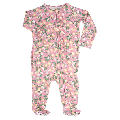 Pink Lemon Floral Print Ruffle Footie