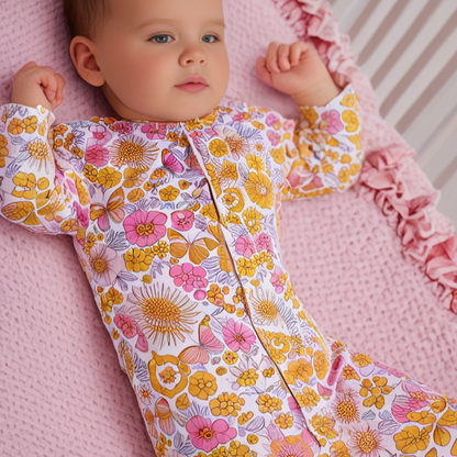 Retro Vintage Flowers Ruffle Footie