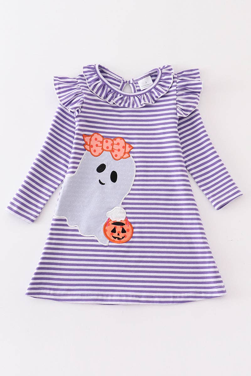 Purple stripe ghost pumpkin applique ruffle dress