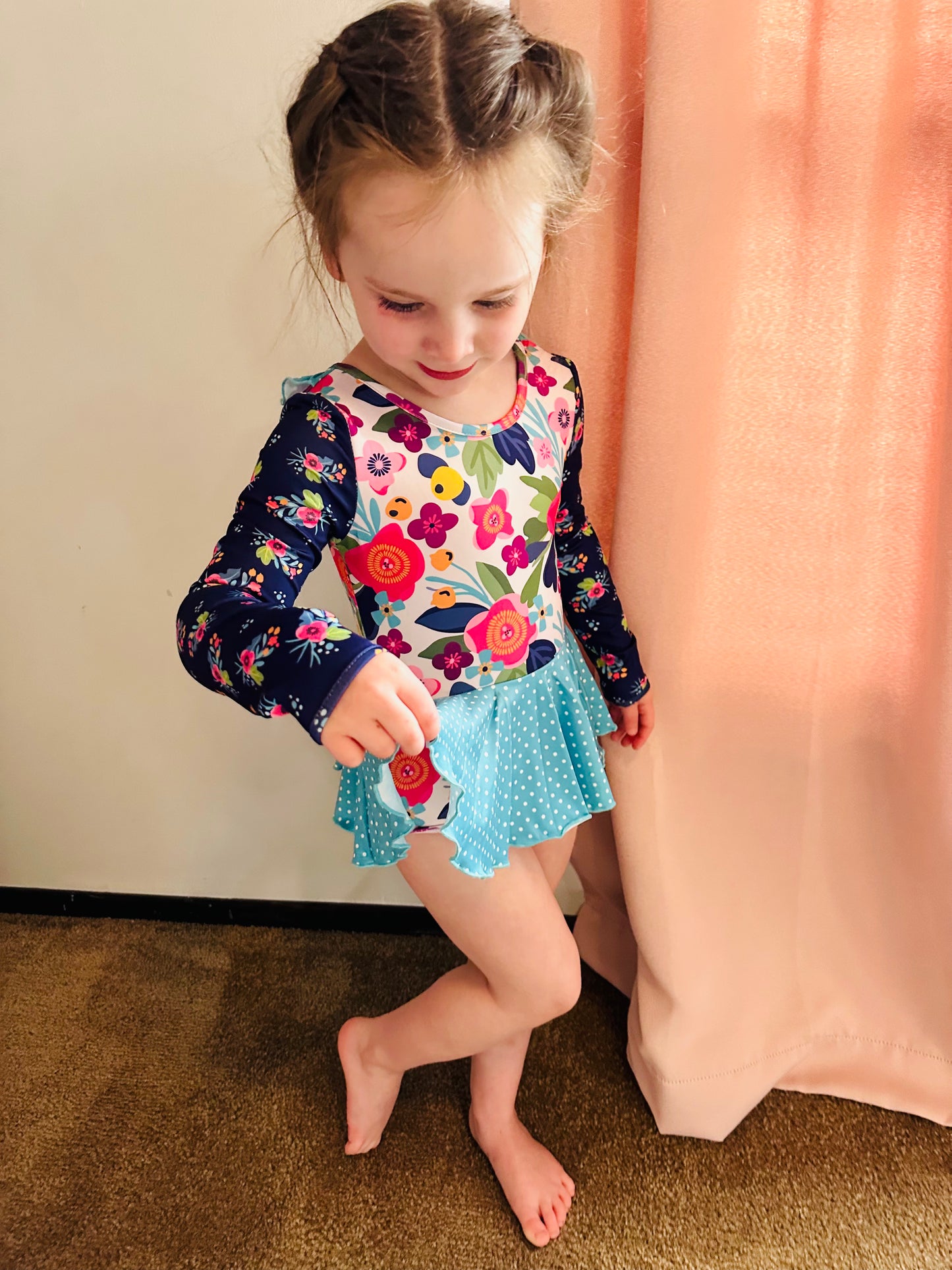 LS Blue Floral Skirted Leotard